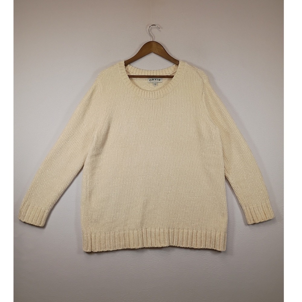 Cozycore‎ Orvis Women XL Ivory Chenille Ribbed Knit Crew Neck Pullover Sweater